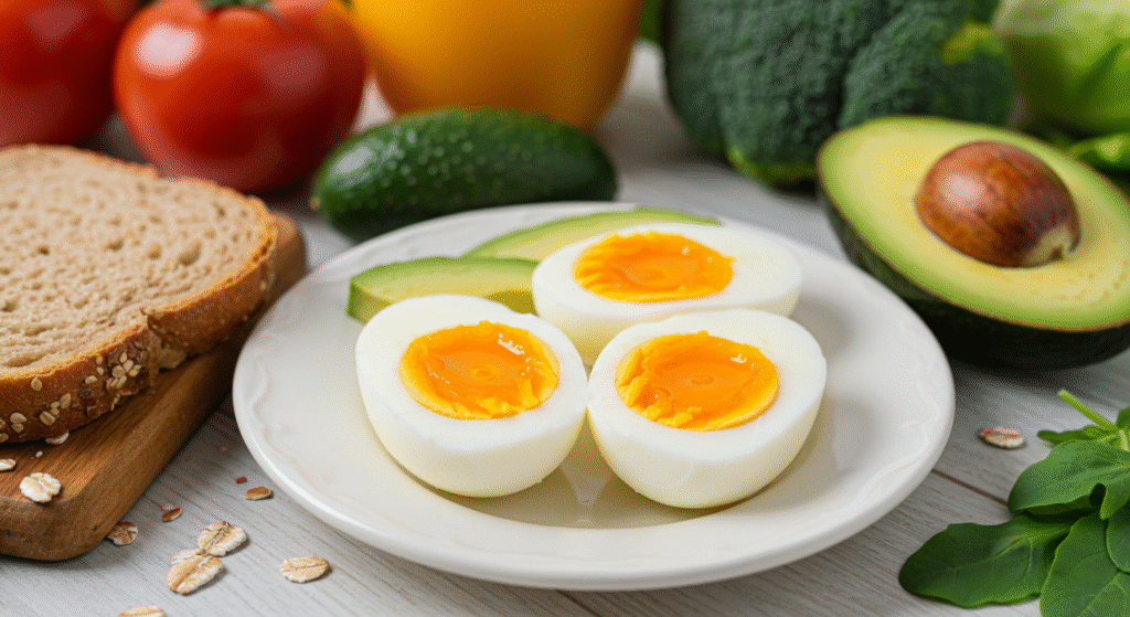 Café da manhã saudável com ovos cozidos cortados ao meio, gema dourada em destaque, acompanhados de vegetais frescos, pão integral e abacate, representando uma dieta equilibrada, energia e bem-estar.
