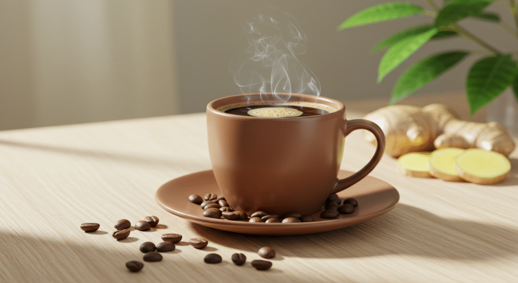 Xícara de café quente sobre mesa de madeira com grãos e folhas verdes ao redor, em luz suave da manhã, transmitindo equilíbrio e bem-estar natural.