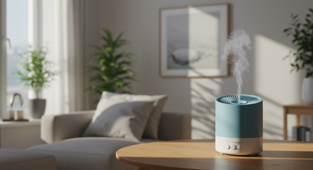 Image_fx (1) Ambiente moderno e sereno com luz natural, purificador ultrassônico liberando névoa suave, plantas e decoração minimalista que transmitem pureza e conforto.