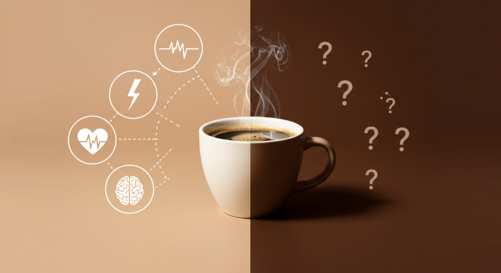 Imagem de uma xícara de café fumegante dividida entre saúde e dúvida, simbolizando o equilíbrio entre os mitos e verdades sobre o café com saúde.