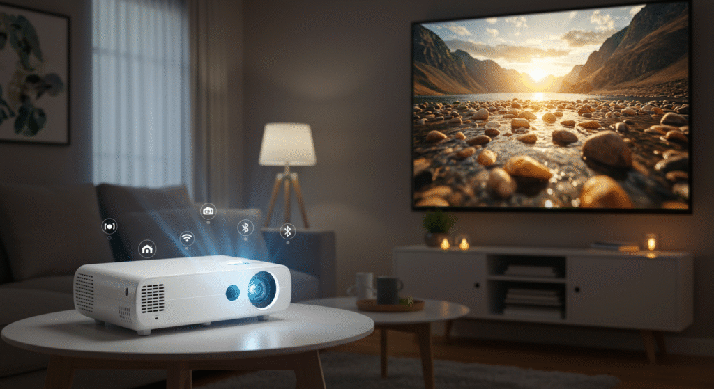 Projetor portátil smart branco sobre uma mesa em uma sala de estar aconchegante, projetando imagem 4K colorida na parede, com iluminação suave e ícones de Wi-Fi e Bluetooth brilhando, transmitindo sensação de conforto, inovação e entretenimento em casa.