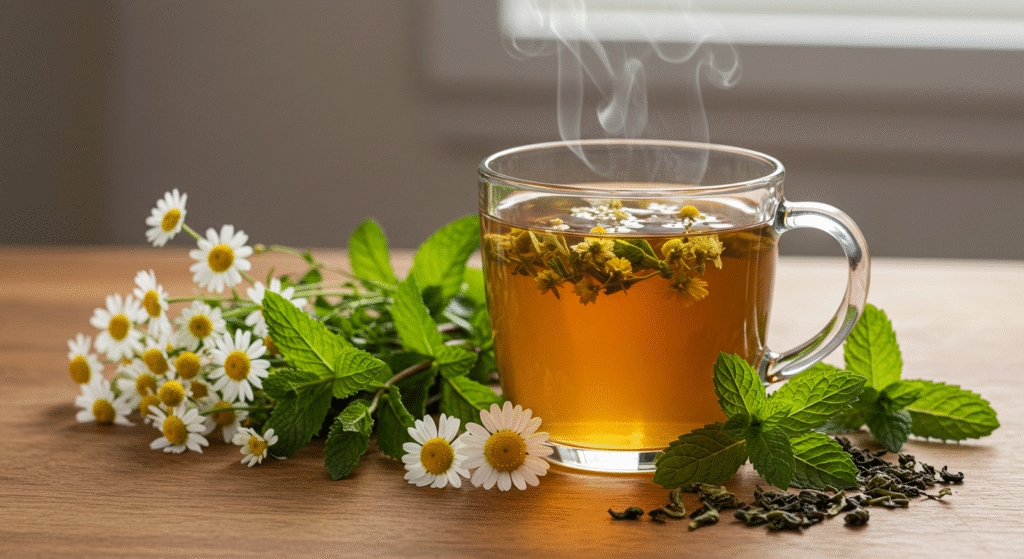 Xícara de chá de ervas fumegante sobre mesa de madeira, rodeada por camomila, hortelã e folhas de chá-verde em cena acolhedora e saudável.